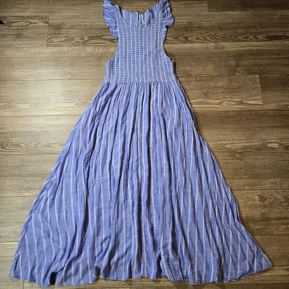 Free People Blue Stripe Backless Smocked Midi Dress - Picture 2 of 8